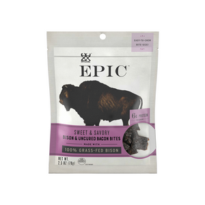 A bag of EPIC'S resealable Sweet and Savory 100% Gras-Fed Bison and Uncured Bacon Bites on a white background.