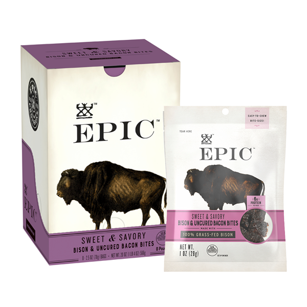 A carton and bag of EPIC'S resealable Sweet and Savory 100% Gras-Fed Bison and Uncured Bacon Bites on a white background.