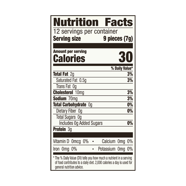 The nutrition facts for EPIC's Hickory Smoked Uncured Bacon Bits.