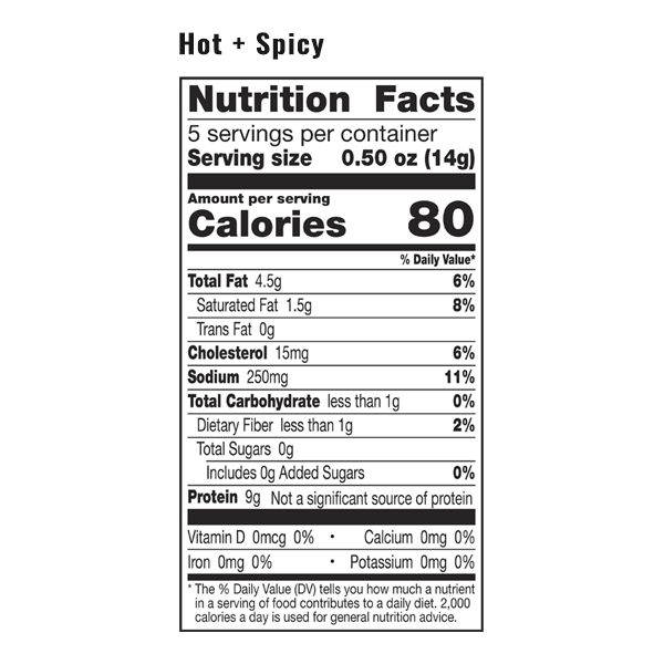 The nutrition facts for a bag of EPIC Hot + Spicy Pork Rinds.