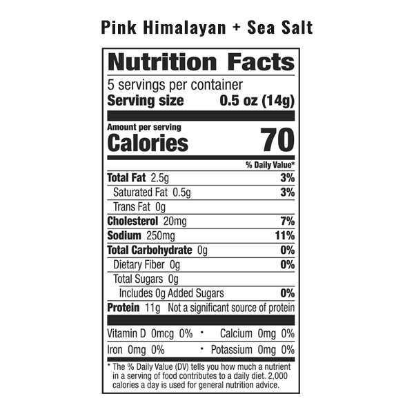 The nutrition facts for a bag of EPIC Pink Himalayan Sea Salt Baked Pork Rinds.