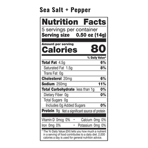 The nutrition facts for a bag of EPIC Sea Salt and Pepper Pork Rinds.