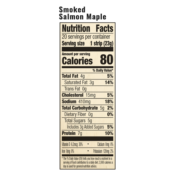 The nutrition facts for EPIC's Smoked Salmon Maple Snack Strip.