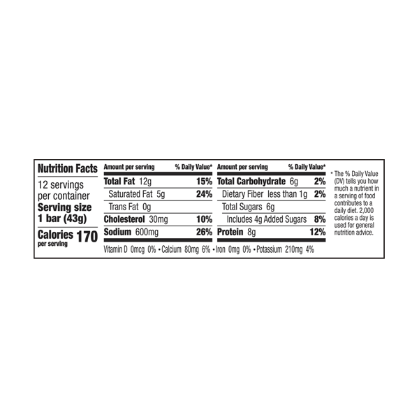 The nutrition facts for EPIC's Uncured Bacon Pork Bar.