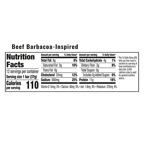 An image of the nutrition facts for EPIC's Beef Barbacoa-Inspired Bar
