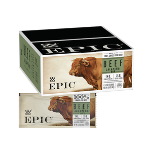 A carton and one individual EPIC Provisions' 100% Grass-fed Beef Jalapeno Bar on a white background.