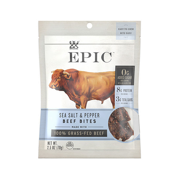A single bag of epic beef sea salt and pepper bites on a white background.