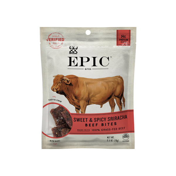 Individual bag of Epic's Sweet and Spicy Sriracha Beef Bites on a white background.