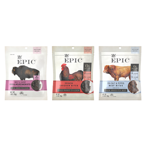 Three EPIC Bites flavors: Sweet and Savory Bison Uncured Bacon, Chicken Sriracha, and Beef Sea Salt Pepper on a white background.