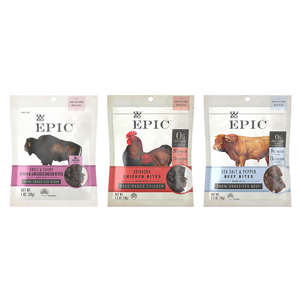 Three EPIC Bites flavors: Sweet and Savory Bison Uncured Bacon, Chicken Sriracha, and Beef Sea Salt Pepper on a white background.
