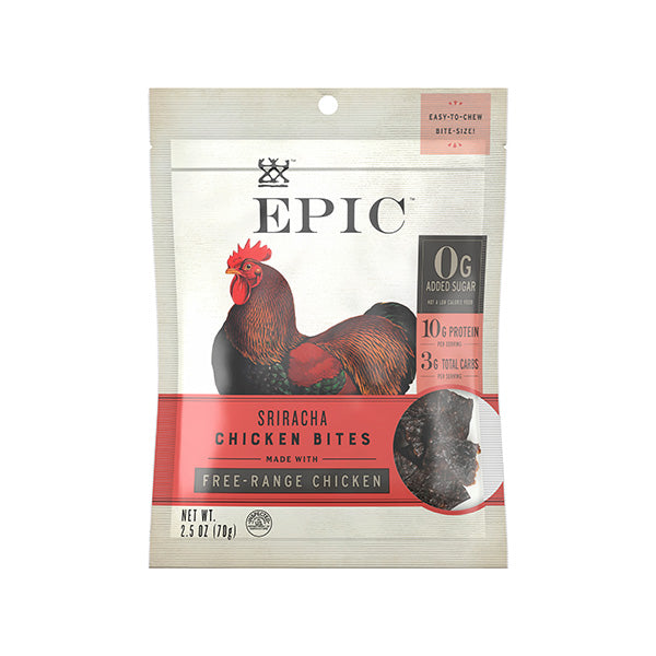 A single bag of epic chicken sriracha bites on a white background.