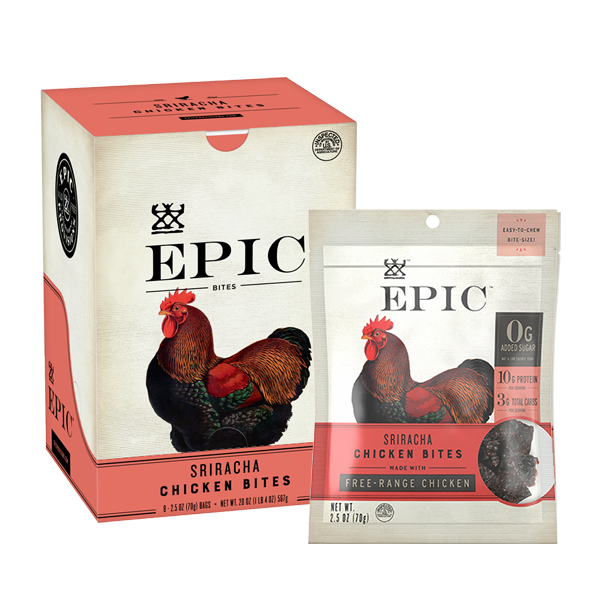 A single carton and bag of EPIC's Chicken Sriracha Bites on a white background.