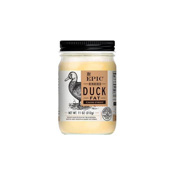 A single jar of EPIC's Rendered Duck Fat on a white background.