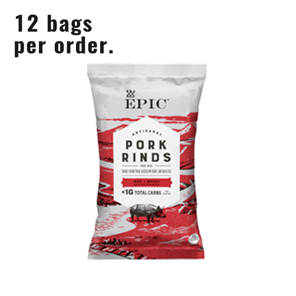 An image of EPIC's Hot and Spicy Pork Rind bag on a white background.