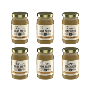 Six jars of EPIC Provisions' Homestyle Savory Chicken Bone Broth on a white background.