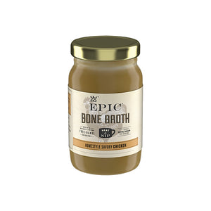 An individual jar of EPIC's Homestyle Savory Chicken Bone Broth on a white background.