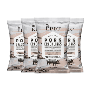 Four bags of EPIC Maple Bacon Seasoned Pork Cracklings on a white background.