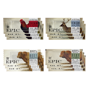 Three EPIC Provision's Venison bars, Chicken Sriracha bars, Beef Jalapeno bars, and Beef Sea Salt Pepper bars on a white background.