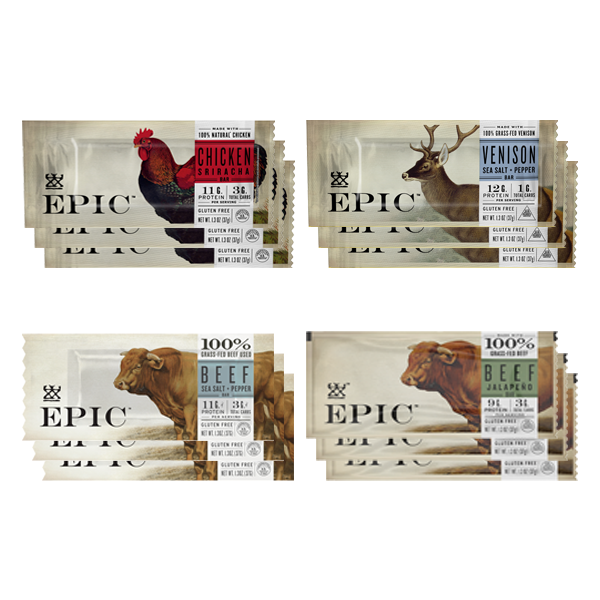 Three EPIC Provision's Venison bars, Chicken Sriracha bars, Beef Jalapeno bars, and Beef Sea Salt Pepper bars on a white background.
