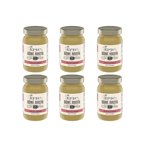 Six jars of EPIC's Tuscan Style Chicken Bone Broth on a white background.