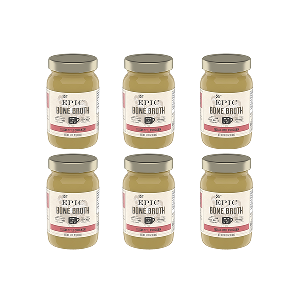 Six jars of EPIC's Tuscan Style Chicken Bone Broth on a white background.
