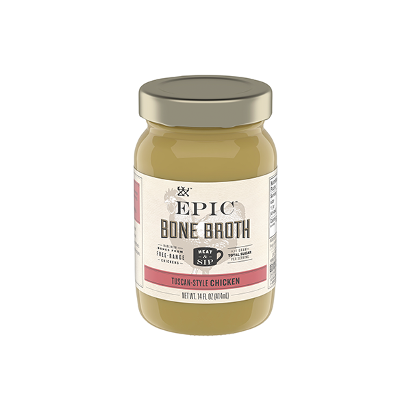 An individual jar of EPIC's Tuscan Style Chicken Bone Broth.