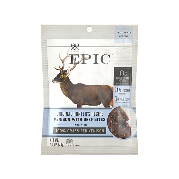 Individual bag of Epic's Venison with Beef Bites on a white background.