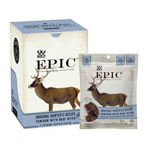 Individual box and bag of Epic's Venison with Beef Bites on a white background.