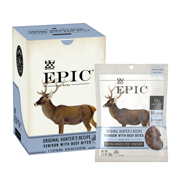 Individual box and bag of Epic's Venison with Beef Bites on a white background.