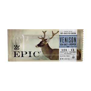 Individual unit of Epic' Venison Sea Salt Pepper bar on a white background.