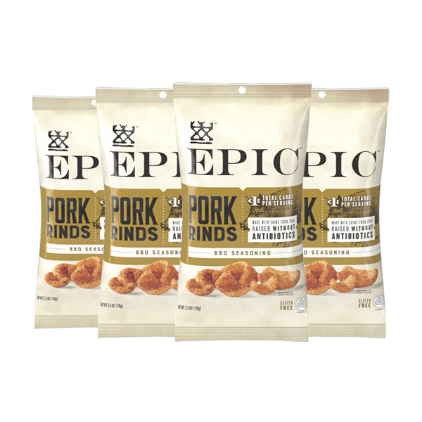 Four bags of EPIC's BBQ Seasoned Pork Rinds in new packaging on a white background.