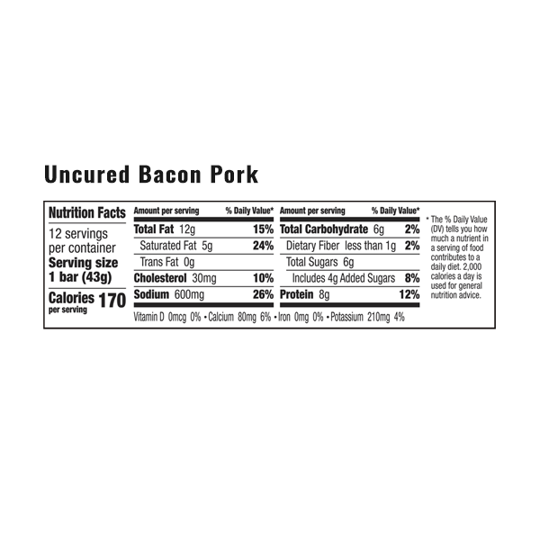 Nutrition facts for EPIC's Uncured Bacon Pork Bar.
