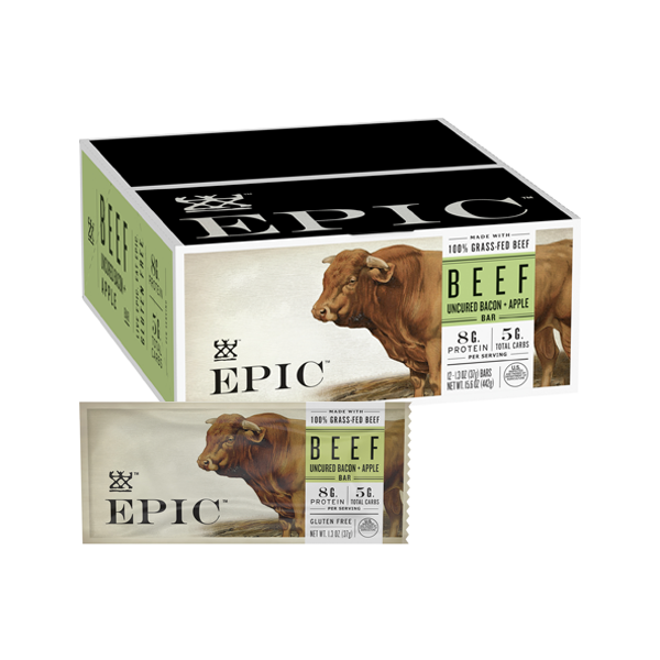 EPIC Provision's 100% Grass-fed Beef Uncured Bacon Apple Bar and Carton overlaid on a white background.
