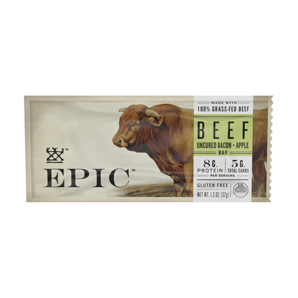 Individual unit of Epic's Beef Uncured Bacon Apple Bar on a white background.