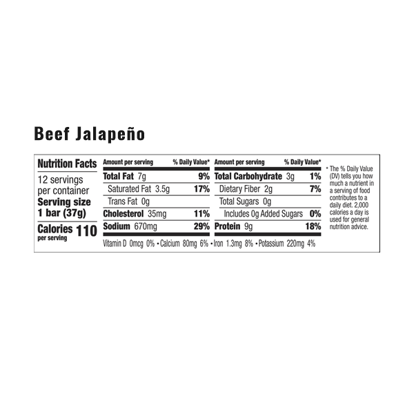 The nutrition facts for EPIC's Beef Jalapeno Bar.