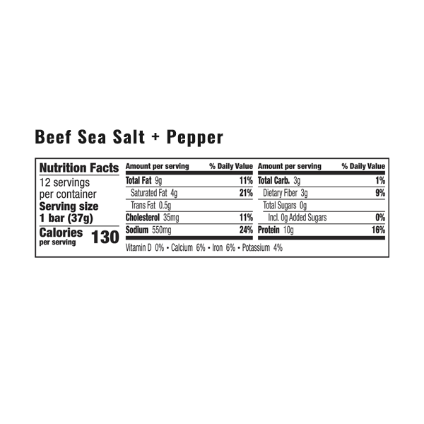 The nutrition facts for EPIC's Beef Sea Salt Pepper Bar.