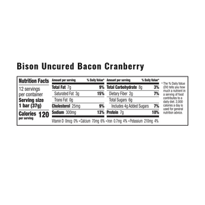 Nutrition facts for EPIC's Bison Uncured Bacon Cranberry Bar.