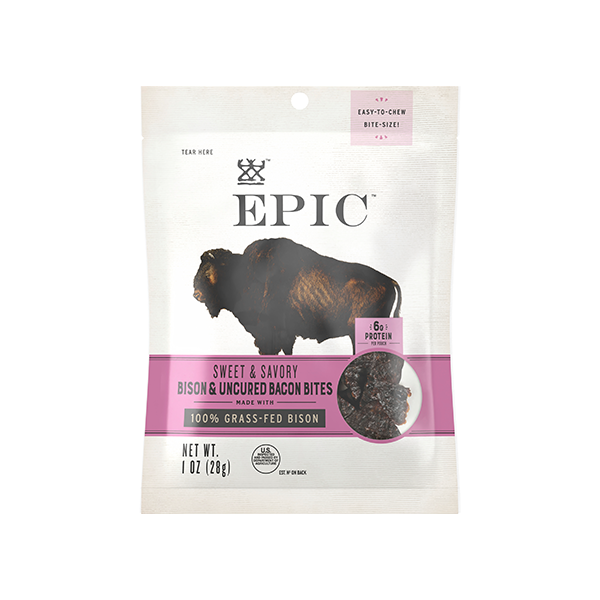 A bag of EPIC'S resealable Sweet and Savory 100% Gras-Fed Bison and Uncured Bacon Bites on a white background.