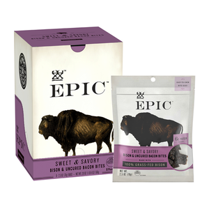 A carton and bag of EPIC'S resealable Sweet and Savory 100% Gras-Fed Bison and Uncured Bacon Bites on a white background.