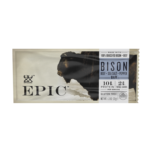 EPIC Provisions new Grass-fed Bison with Beef Sea Salt Pepper Bar on a white background.