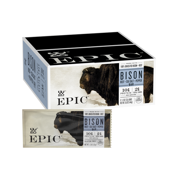 A carton and single bar of EPIC Provisions' new grass-fed bison with beef sea salt pepper bar on a white background.