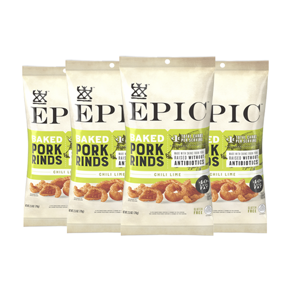 Four bags of EPIC's Oven Baked Chili Lime Pork Rinds on a white background.