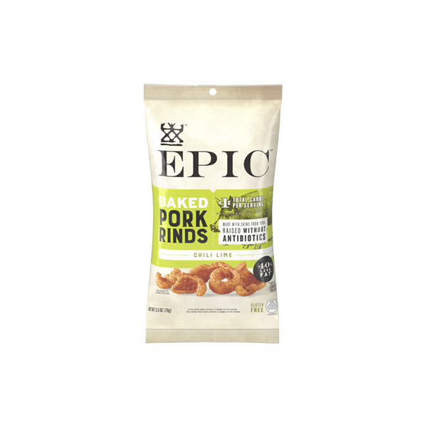 An individual bag of EPIC's Oven Baked Chili Lime Pork Rinds on a white background.