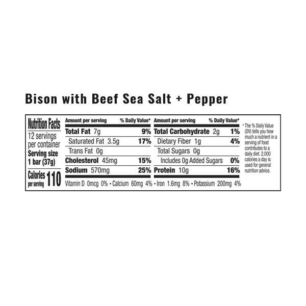 Image of the nutrition facts associated with EPIC's brand new grass-fed bison with beef sea salt and pepper bar.
