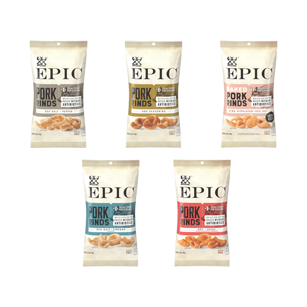 EPIC Provision's Pork Rinds Variety Pack, which displays a bag of Sea Salt and Pepper, BBQ Seasoned, Pink Himalayan Sea Salt, Sea Salt Vinegar, and Hot Spicy Pork Rinds. All in new packaging.