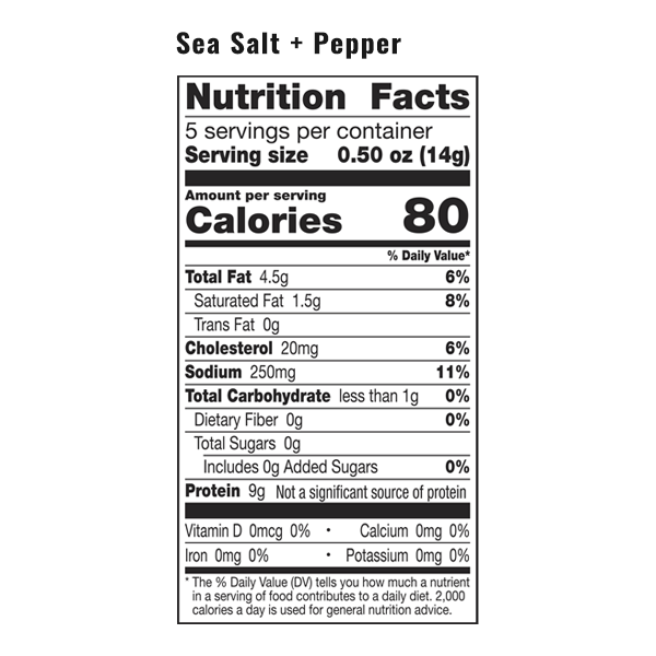 The nutrition facts for a bag of EPIC Sea Salt and Pepper Pork Rinds.