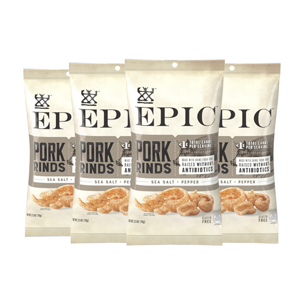 Four bags of EPIC's Sea Salt and Pepper Pork Rinds on a white background.