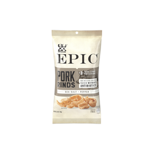 An individual bag of EPIC's Sea Salt and Pepper Pork Rinds on a white background.