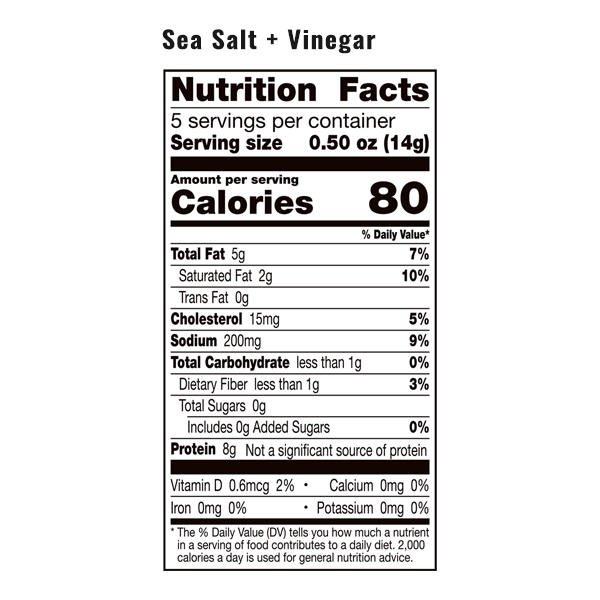 The nutrition facts for a bag of EPIC Sea Salt Vinegar Pork Rinds.