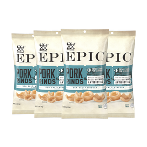 Four bags of EPIC Provisions' Sea Salt and Vinegar Pork Rinds on a white background.